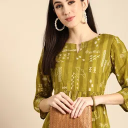 Anouk Olive Green & White Ethnic Motifs Pure Cotton A-Line Midi Dress-picture-22