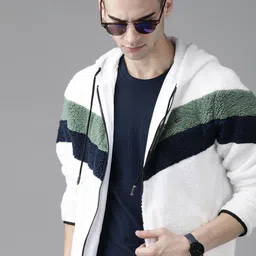 Roadster Men White Navy Blue Colourblocked Tailored Jacket-image-26