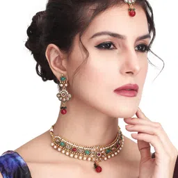 Anvik Gold-Plated Stone-Studded & Beaded Jewellery Set image 1