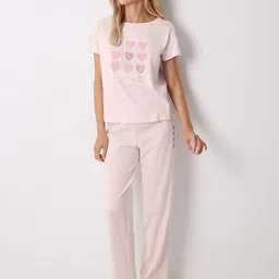 women'secret Pure Cotton Graphic Printed Striped T-Shirt with Pyjamas 3139852-71-PINK-image-17
