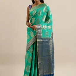 MIMOSA Green & Silver-Toned Art Silk Woven Design Kanjeevaram Saree-image-17