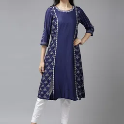 W Women Blue & White Floral Printed Round-Neck Indigo Kurta image 1