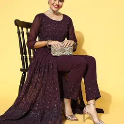 Kvsfab Women Purple Georgette Front Slit Flared A-Line Kurta Pant Set-picture-13
