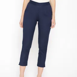 AURELIA Women Navy Blue Regular Fit Solid Cropped Trousers-picture-26