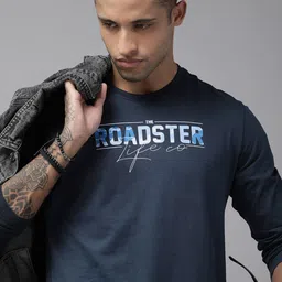 Roadster Men Navy Blue Brand Logo Printed Pure Cotton T-shirt-picture-29