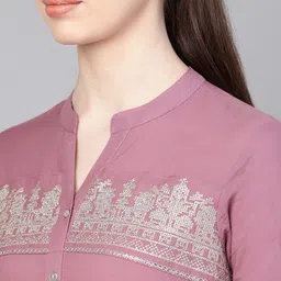 Varanga Women Mauve & Silver Yoke Design Kurta with Palazzos image 3