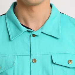 VOXATI Men Turquoise Blue Solid Denim Jacket image 3
