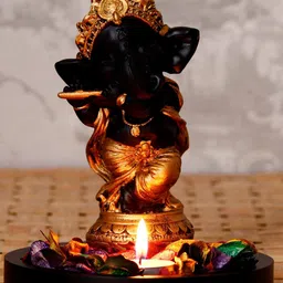 eCraftIndia Gold-Toned & Black Lord Ganesha Dancing Avatar Decorative Showpiece With Wooden Base Petals & Tealight image 5