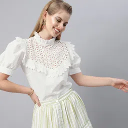 plusS White Schiffli Puff Sleeves Pure Cotton Laced Regular Top image 3