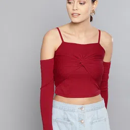 Veni Vidi Vici Women Maroon Solid Bardot Crop Top image 3