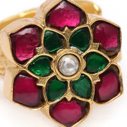 AccessHer Women Gold Plated & Pink Handcrafted Jadau Kundan Adjustable Finger Ring image 4