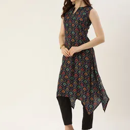 Ethnovog Women Navy Blue  Maroon Ethnic Motifs Print Made To Measure Straight Kurta image 4