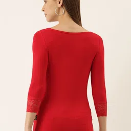 zebu Women Red Solid Knitted Fitted Top With Lace Inserts image 2