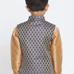 VASTRAMAY Boys Navy Blue & Gold-Toned Zari Woven Design Nehru Jacket image 5