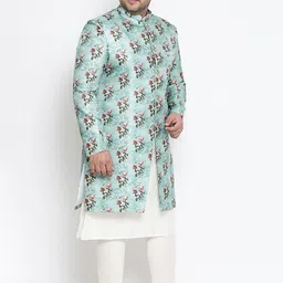KISAH PLUS Men Blue & White Floral Printed Sherwani Set image 5