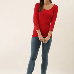 zebu Women Red Solid Knitted Fitted Top With Lace Inserts image 5