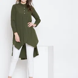 Berrylush Women Olive Green Solid High-Low Top image 2