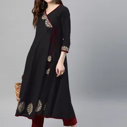 YASH GALLERY Women Black Solid A-Line Kurta with Appliques image 5
