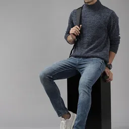 The Roadster Lifestyle Co. Men Navy Blue Solid Turtle Neck Pullover image 5