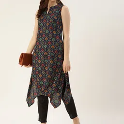 Ethnovog Women Navy Blue  Maroon Ethnic Motifs Print Made To Measure Straight Kurta image 3