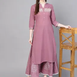 Varanga Women Mauve & Silver Yoke Design Kurta with Palazzos image 5
