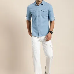 HERE&NOW Men Slim Fit Denim Solid Casual Shirt image 5