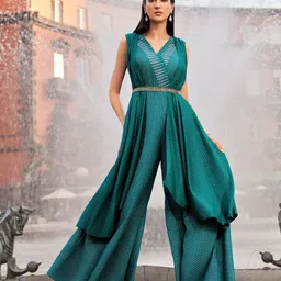 W Women Green Gilet Kimono Jumpsuit With Embellished Belt-picture-4