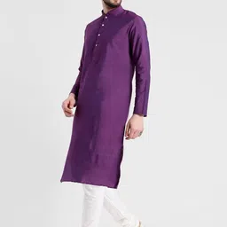 KISAH Men Purple & White Solid Kurta with Churidar image 4