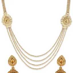 ANIKAS CREATION Gold-Plated Beige Stone-Studded Ball Chain-Style Multilayer Jewellery Set image 4