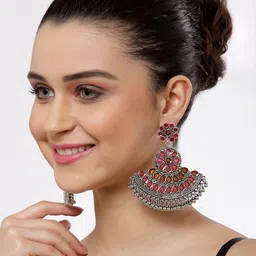 Moedbuille Silver-Plated Pink Hand Painted Meenakari Contemporary Chandbalis Earrings image 4