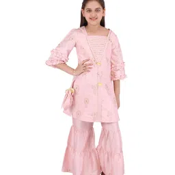Cutecumber Kids Pink Embellished  Kurta, Palazzos with Bag image 1