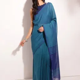 Fabindia Teal Cotton Woven Sari-image-48