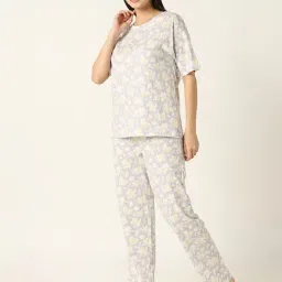 R&B Light Purple Cotton Floral Print T-Shirt With Pyjamas image 3