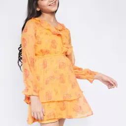 Global Desi Girl Kids Orange Floral Print Dress-image-65
