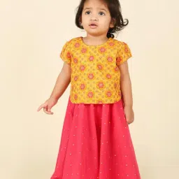 Fabindia Kids Yellow with Pink Floral Print Lehenga with Choli-image-51