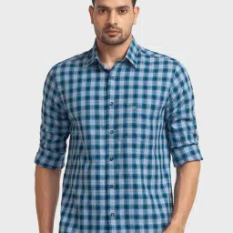 ColorPlus Blue Cotton Tailored Fit Checks Shirt-image-44