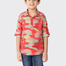 Fabindia Kids Red & Green Cotton Printed Kurta image 1