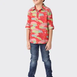 Fabindia Kids Red & Green Cotton Printed Kurta image 5