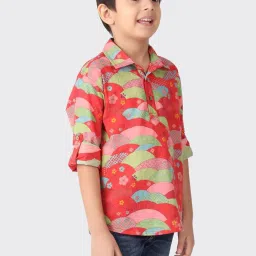 Fabindia Kids Red & Green Cotton Printed Kurta image 3