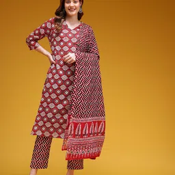 HERE&NOW Ethnic Motifs Print Pure Cotton Straight Kurta with Trousers & Dupatta image 2