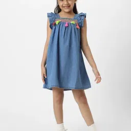 Nauti Nati Girls Blue Denim Embroidered Regular Fit Dress-image-4