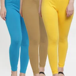 Gracit Yellow & Blue Mid Rise Leggings - Pack Of 3 image 1