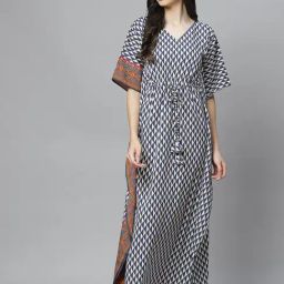 Cottinfab White & Blue Printed Kaftan Nighty-picture-24