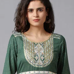 Aurelia Green & Beige Printed Straight Kurta image 5