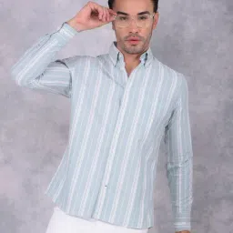 Crimsoune Club Green Cotton Slim Fit Stripes Shirt-picture-29