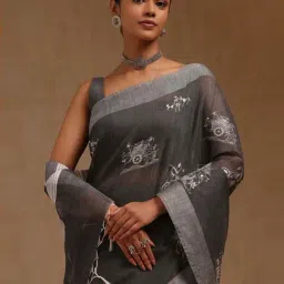 Soch Charcoal Embroidered Saree With Unstitched Blouse image 4