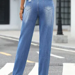 Outzidr Women Regular Fit Mid-Rise Highly Distressed Light Fade Jeans image 2