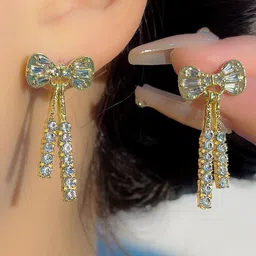 Anouk Korean Gold Plated American Diamond Studded Bow Shaped Drop Earrings image 2