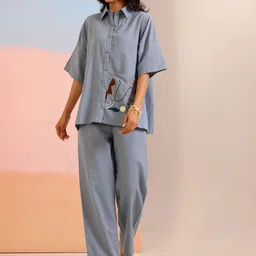 SANSKRUTIHOMES Women Blue Shirt Collar Pure Cotton Solid Top & Trousers Co-Ords Set-image-6
