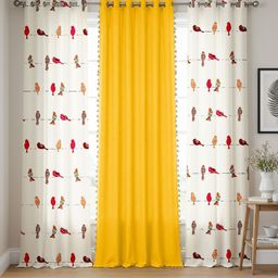 URBAN SPACE Yellow & White Set of 3 Floral Long Door Curtain-picture-4